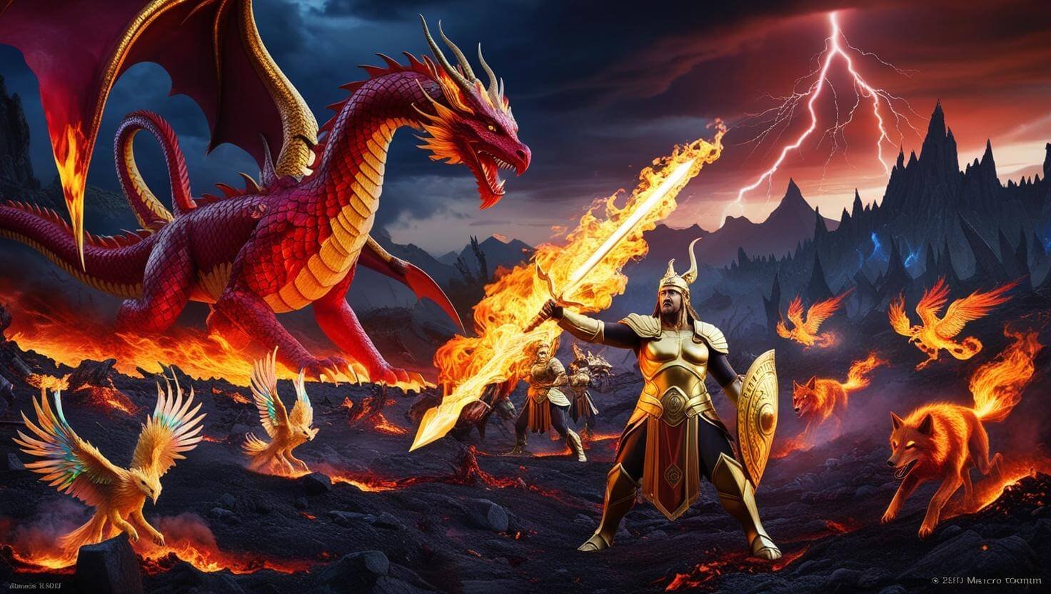 Create a scene of an ancient, fiery battlefield at dusk, where mythical creatures and gods clash in an epic showdown. A towering fire-breathing dragon