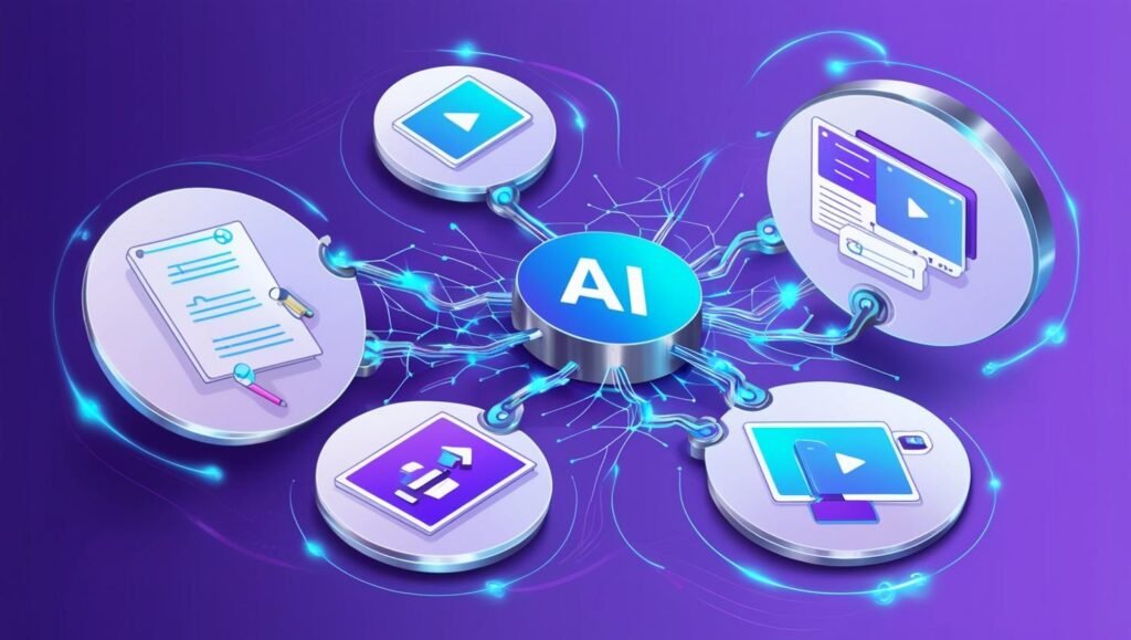 Illustration of AI content creation showcasing tools for writing, art, and video, designed for beginners.
