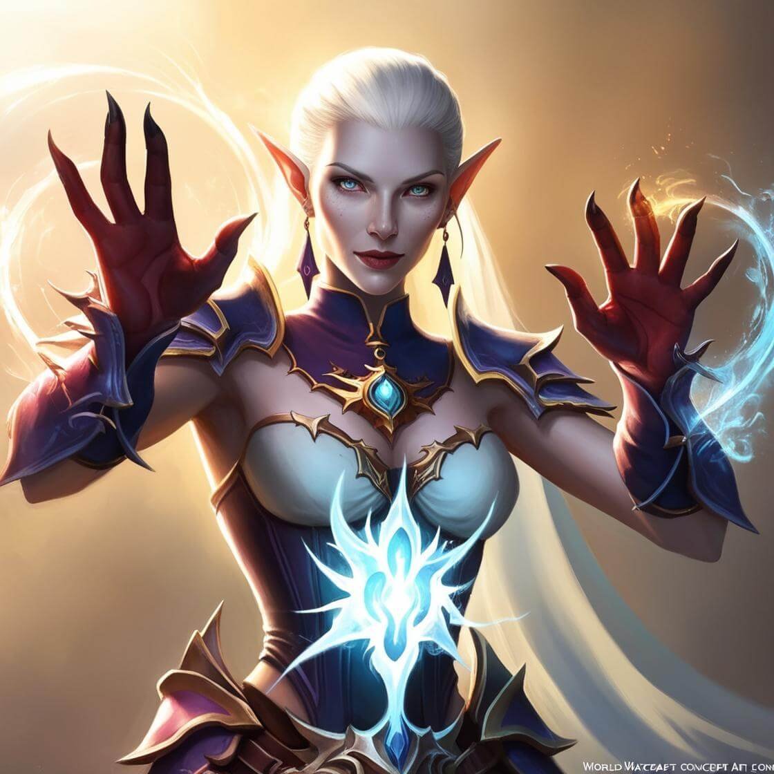 World of Warcraft Blood Elf Priest Healer casting a healing spell. She is female, with light or whiteish skin. Drawn from the waist up